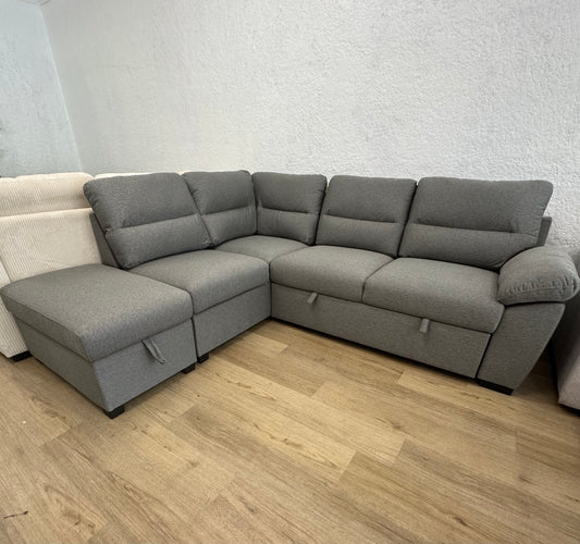 CLOVER Grey Pullout Sleeper Sectional w/ Ottoman Storage
