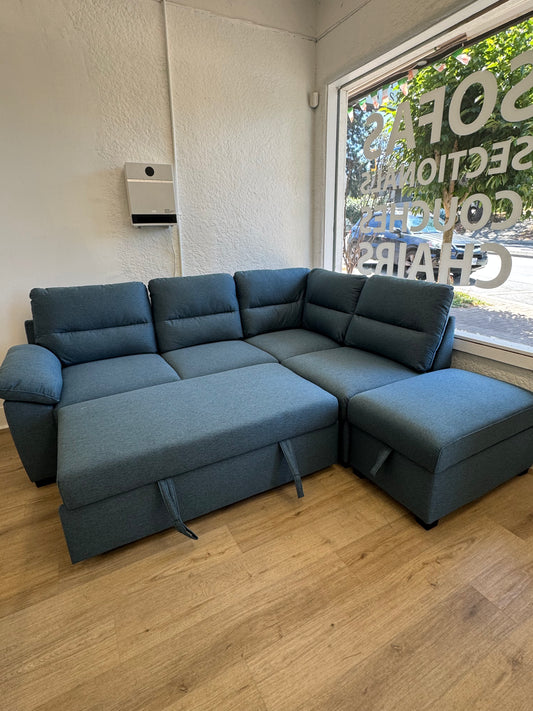 CLOVER Grey Pullout Sleeper Sectional w/ Ottoman Storage