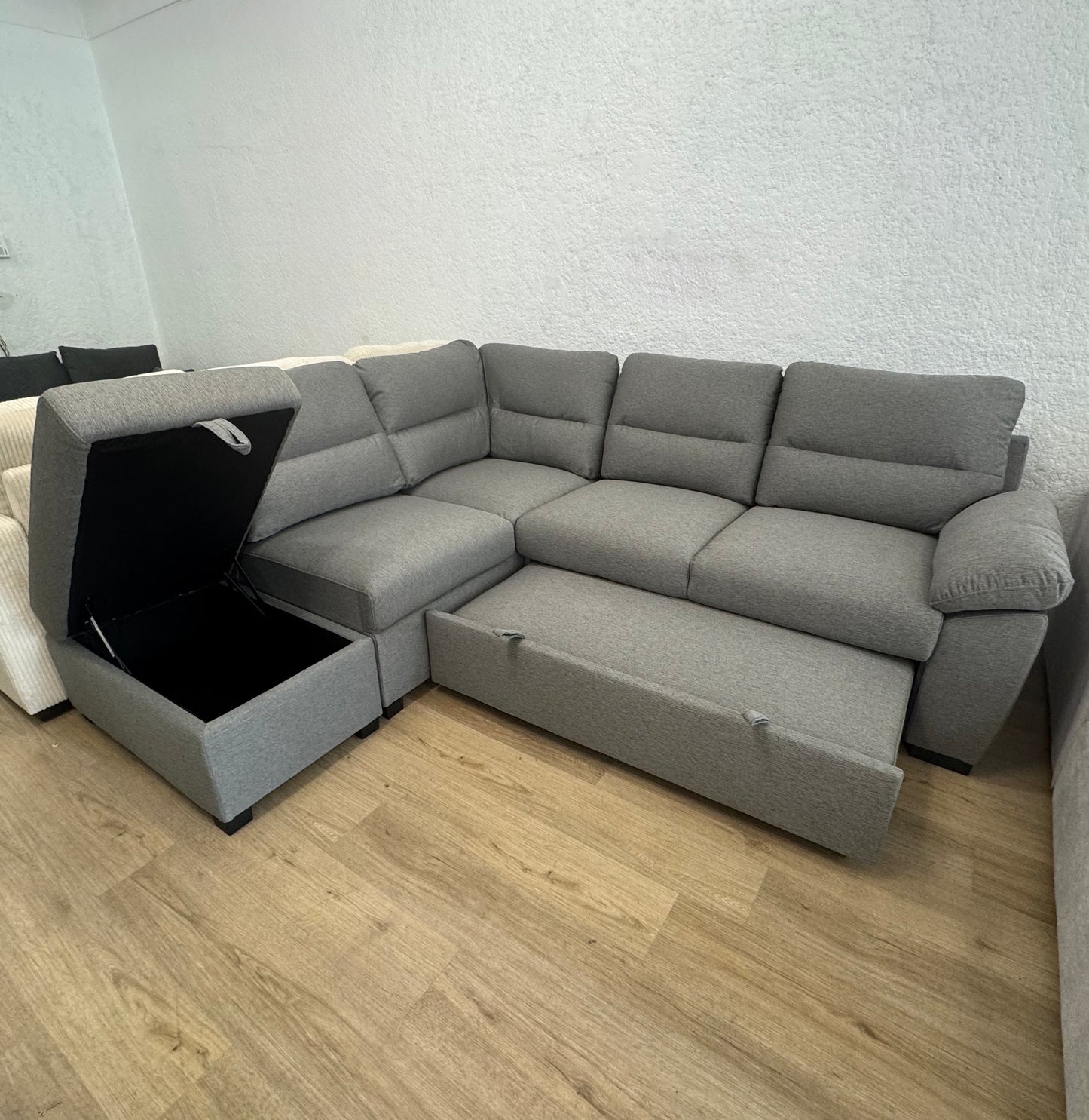 CLOVER Grey Pullout Sleeper Sectional w/ Ottoman Storage
