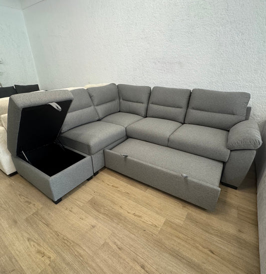 CLOVER Grey Pullout Sleeper Sectional w/ Ottoman Storage