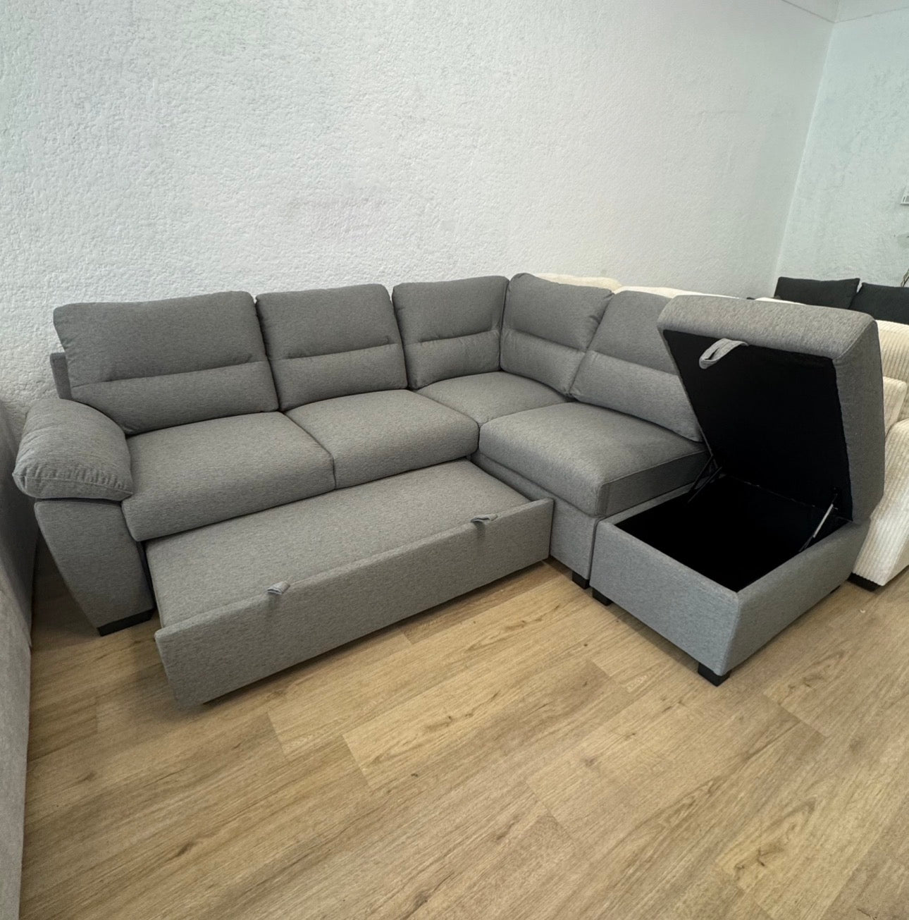 CLOVER Grey Pullout Sleeper Sectional w/ Ottoman Storage
