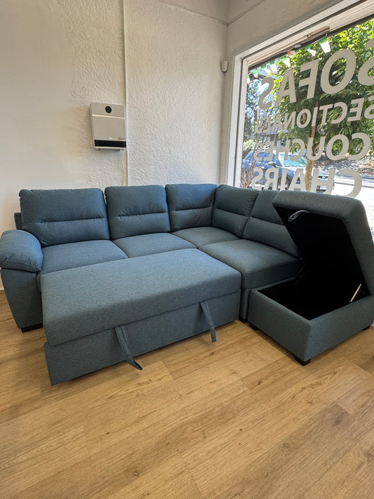 CLOVER Grey Pullout Sleeper Sectional w/ Ottoman Storage